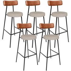 Kit 05 Banquetas Alta Bar Cozinha Sala De Jantar Milão L02 Couríssimo Camel Linho Bege - Lyam Decor