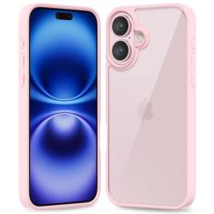 oakxco Capa fina e fina transparente para iPhone 16, capa rígida híbrida transparente de plástico e borracha de silicone macio, capa protetora leve acrílica não amarela para mulheres, rosa claro