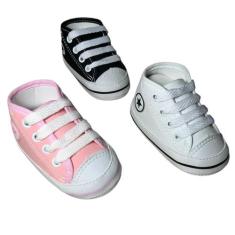 Kit 3 Pares Tênis Sapatinho Para Bebês Cano Alto - Baby's Shoes, Branc