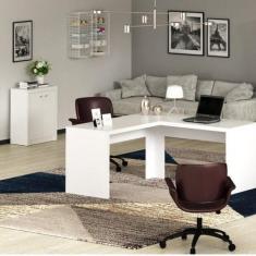 Kit 2 Peças com Mesa para Escritório em L e Armário Multiuso Baixo - T
