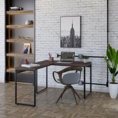 Mesa de Escritório em L Estilo Industrial 120x150cm Kuadra Nogal / Est.Preta