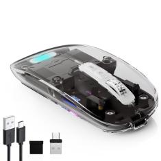 Mouse transparente sem fio para computador, recarga de mouse Bluetooth, exibição de energia, DPI, atalho, Bluetooth 5.1 (BT1 + BT2) + receptor 2 em 1 de 2,4 GHz (USB + USB-C) - compatível com