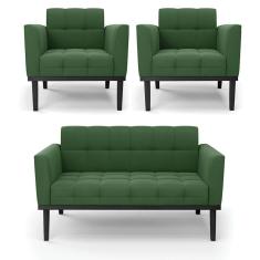 Sofá Namoradeira E 2 Poltronas Base De Madeira Preto Elisa Suede D03 - D`rossi Cor Verde