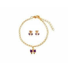 Kit Pulseira + Brinco Infantil Menina Folheado Ouro 18k Antialérgico -