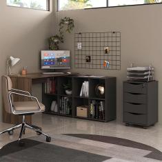 Mesa de Escritório em L Nero com Gaveteiro Bit 4 gv Ipê e Preta