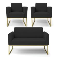 Sofá Namoradeira Com 2 Poltronas Base Industrial Dourado Marisa Veludo D03 - D\'rossi Cor Preto