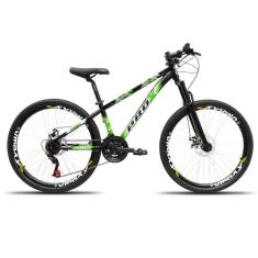 Bicicleta aro 26 Freeride PRO X Mandrake Hiten 21 Velocidades Freio a Disco Aros Vmaxx Preto Adesivo Verde e Branco