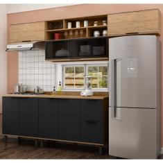 Cozinha Modulada Toscana Em Mdf 5 Peças Com Aéreo 1200 Porta De Vidro E Aéreo Geladeira Com Tampo Freijó-nero