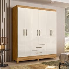 Guarda Roupa Casal Panamá 6 Portas Dobradiças Metálicas 2 Gavetas MDP Off White Moval