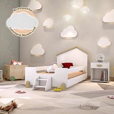 Cama Infantil Montessoriana com Escadinha Juvenil Ayla Branca e Natural + Luminária Led