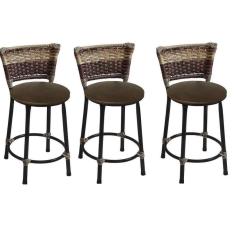 Kit 3 Banquetas Baixas Preta com Encosto Junco Capuccino Assento Marrom