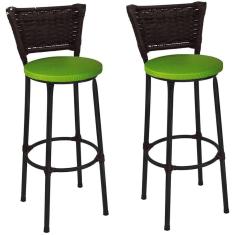 Kit 2 Banquetas Altas Preta com Encosto Junco Argila Assento Verde