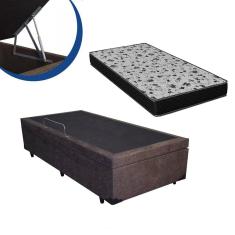 Cama Box Baú Suede Solteiro Colchão Espuma D33 Bordado + Box Marrom 53x78x188