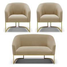 Namoradeira E 2 Poltronas Base Industrial Dourado Stella Suede Marrom Rato D03 - D`rossi