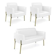 Sofá Namoradeira E 2 Poltronas Pé De Ferro Dourado Marisa Corano D03 Branco