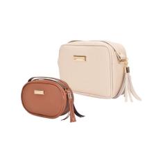 Bolsa Feminina Kit 2 Peças Quadrada Média Bege transversal + Oval Pequ