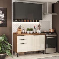 Armário de Cozinha Completa c/ Tampo Lótus Tiny Carraro Freijó Off White Preto Touch