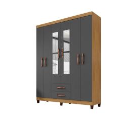 Guarda Roupa De Casal 6 Portas e 2 Gavetas Com Espelho Manchester - Carvalho Americano - Grafite - ÉdeCasaMóveis