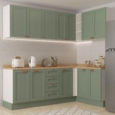 Cozinha Modulada 6 Peças 3 Armários Aéreos e Nichos, 3 Balcões Cabecasa Madeiramadeira Verde Menta/Branco