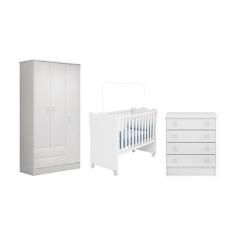 Guarda Roupa 3 Portas, Berço e Cômoda 4 Gavetas Branco - Qmovi