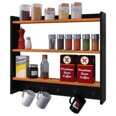 Armário Suspenso Suporte Xícaras Armarinho Amélia Nicho Organizadora Decoração Cozinha Ganchos Resistentes – Preto/Cinamomo – RPM Móveis