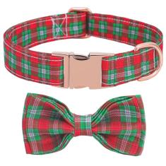 Coleira de Natal para cães com gravata borboleta, estampa xadrez de Natal ajustável, coleira fofa com fivela de metal para presente de animal de estimação pequeno médio grande para cães e gatos (M