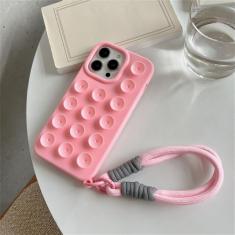 Capa de silicone líquido com ventosa e alça de pulso fofa para iPhone 15 14 11 12 13 Pro Max Plus capa de cor sólida, rosa, para iPhone 14ProMax