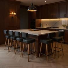 Banqueta Alta Cozinha 70cm Encosto Pé Madeira Kit 6 Barcelona PU Preto