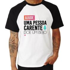 Camiseta Raglan Doe um beijo - Foca na Moda, Branco, Preto, GG