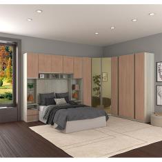 Guarda Roupa Casal Canto com Vidro Reflecta Legno Crema com Cumaru Prime Luciane Móveis