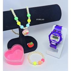 Kit Relógio Infantil Digital Menina Esporte Watch + Conjunto Colar e  Anel Florzinha Borboleta Coração Miçangas Pérolas
