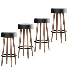 Kit 4 Banquetas Banco Alto Berlin Couro Preto Bar Cozinha Pés Madeira 