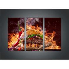 Quadro Decorativo Hambúrguer Lanches Gourmet Com 3 peças Com Moldura -