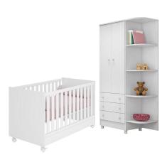 Jogo De Quarto Infantil Doce Sonho Guarda Roupa 2 Portas E Berço Mini Cama Branco Com Rodízio - Qmovi Branco