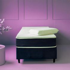 Cama Box Solteiro King com Colchão Mola Ensacada Guldi Firme e 1 Travesseiro Guldi Nasa Viscoelástico Azul e Branco