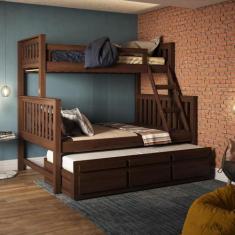 Treliche com Cama de Casal Castanho Escuro c/ Cama Auxiliar 3 Gavetas 
