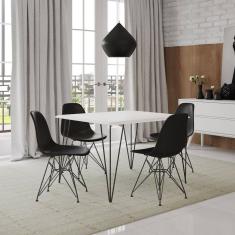 Mesa Sala de Jantar Industrial Clips Branca 120x75 com 4 Cadeiras Eiffel Pretas de Ferro Preto
