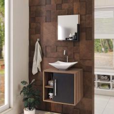 Conjunto para Banheiro Gabinete com Cuba Folha L34 e Espelheira Soft 500W Nogal C/Preto Ônix