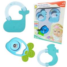 Brinquedo Bebê Kit 3 Chocalhos Infantil Mordedor Legal Azul