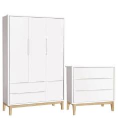 Cômoda Gaveteiro E Guarda Roupa Infantil 3 Portas New Classic Branco Com Pés Madeira Natural - Reller