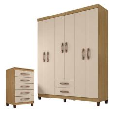 Guarda Roupa Casal Módena E Cômoda Cannes 5 Gavetas Carvalho Americano Off White - Incorplac
