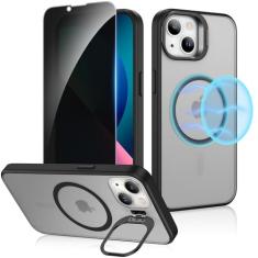 Ruky Capa para iPhone 13/iPhone 14 com protetor de tela de privacidade, suporte de câmera de metal embutido, [compatível com MagSafe] Capa magnética translúcida para iPhone 13/iPhone 14 de 6,1