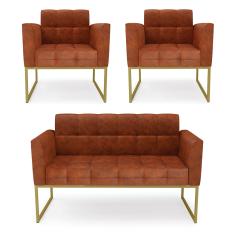 Kit 1 Sofá Namoradeira e 2 Poltronas Elisa Corano Base Metálica Industrial Dourado - D'Rossi