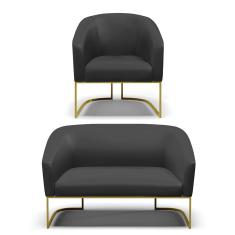 Sofá Namoradeira e Poltrona Industrial Dourado Stella Sint Preto D03 - D'Rossi