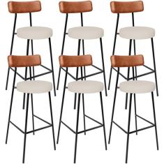 Kit 06 Banquetas Alta Bar Cozinha Sala De Jantar Milão L02 Couríssimo Camel Linho Cru - Lyam Decor