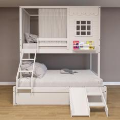 Treliche Casinha Reta Casal/ Solteiro com Escorregador e Cortina Madeira Maciça Branco Housin