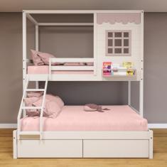 Beliche Casinha Reta Casal/ Solteiro com 02 Gavetas Madeira Maciça Branco/ Rosa Housin