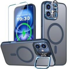 WATEFULL Capa ultra magnética para iPhone MagSafe com anel de suporte de câmera de metal ajustável, resistente, fosco translúcido fino à prova de choque com 1 tela 1 protetor de lente de câmera para