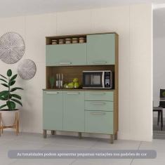 Cozinha Compacta 5 Portas E 2 Gavetas Com Tampo Luciane Móveis Carvalho Verde Mar