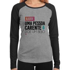 Baby Look Raglan Doe um beijo Manga Longa - Foca na Moda, Cinza, Preto